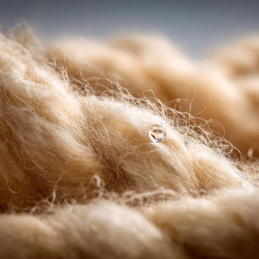 Macro photograph of British wool fibres with water droplet